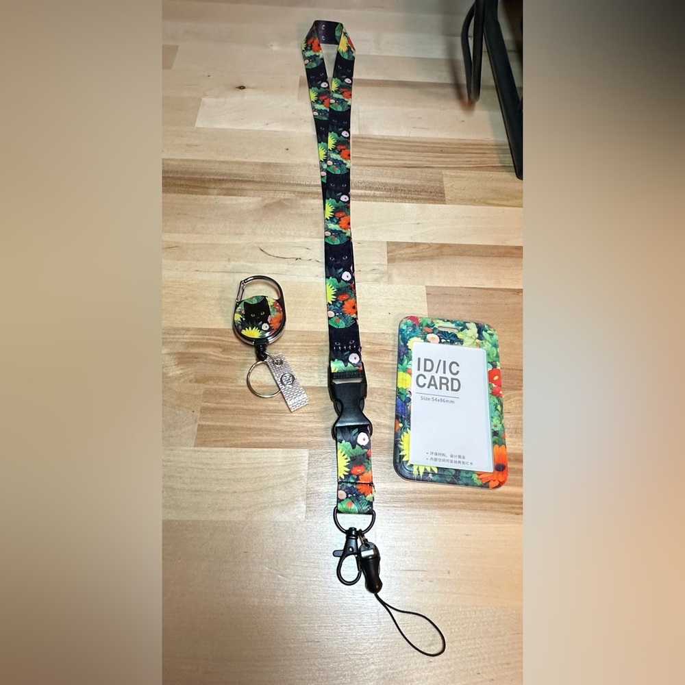 Cat and Floral Lanyard and ID Holder Set